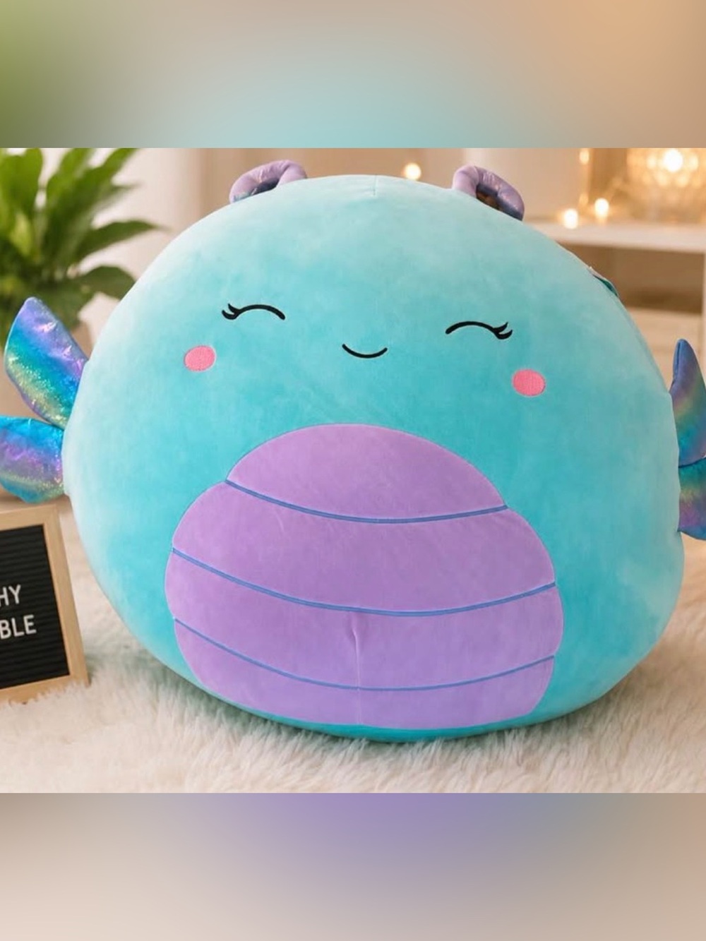 Squishmallows Aqua Turquoise Dragon Plush with Purple Belly